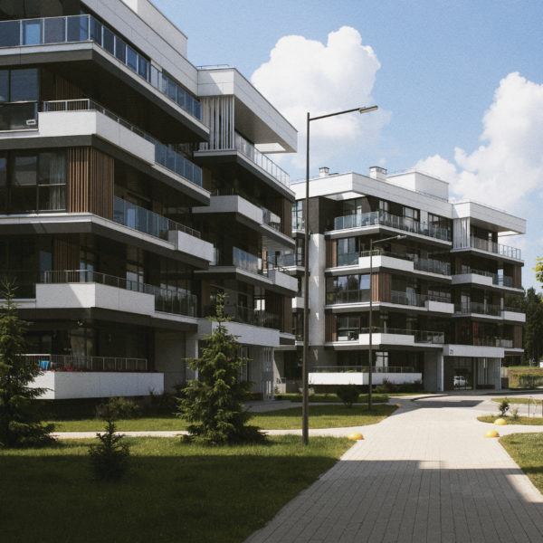 Neubau-Wohngebäude mit mehreren Etagen und Glasbalkonenv