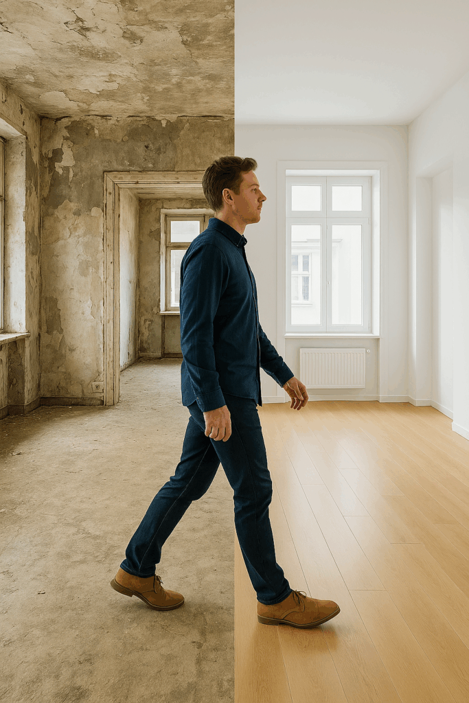 Investor besichtigt leere Wohnung vor Sanierung
