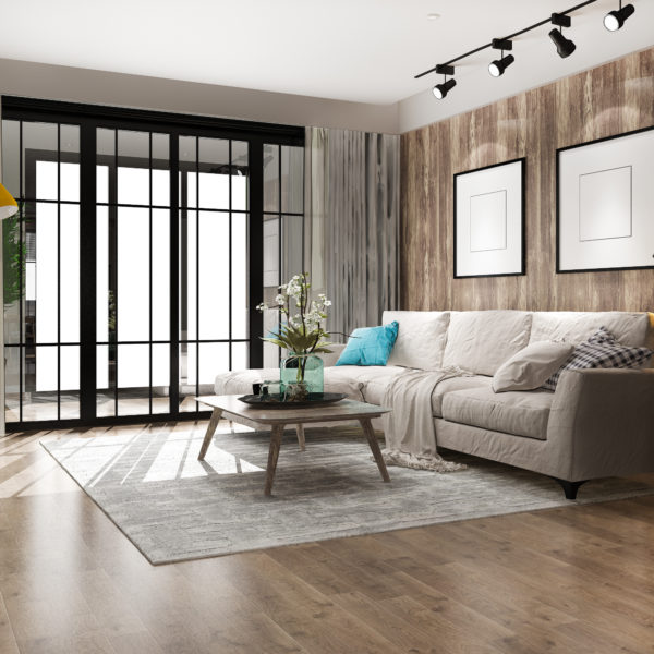 Modernes Wohnzimmer mit bodentiefen Fenstern in Neubauimmobilie